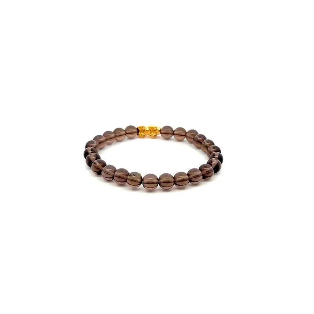 18K Gold Dragon Pixiu Piyao Lucky Charm Bracelet Gemstones Smoky Quartz 6mm - Picture 5 of 5